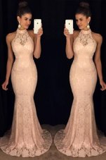 Glamorous Mermaid Halter Top With Train Baby Pink Pageant Dresses Chiffon Brush Train Sleeveless Lace