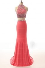 High-neck Sleeveless Brush Train Backless Prom Dresses Watermelon Red Satin