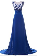 Chiffon Scoop Sleeveless Brush Train Zipper Beading and Appliques Dress for Prom in Blue