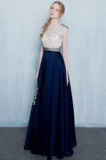 Navy Blue Evening Dress Prom and Party and For with Beading and Ruching Scoop Cap Sleeves Zipper