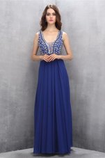 Dynamic Floor Length Empire Sleeveless Blue Dress for Prom Zipper