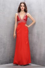 Coral Red Sleeveless Satin Criss Cross Prom Evening Gown for Prom and Party