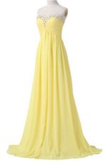 Glittering With Train Light Yellow Dress for Prom Chiffon Brush Train Sleeveless Beading and Ruching