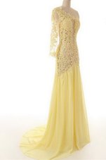 On Sale Sweep Train Column/Sheath Prom Gown Light Yellow One Shoulder Chiffon and Lace 3|4 Length Sleeve Side Zipper