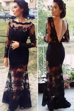 Black Column/Sheath Organza Scalloped Long Sleeves Lace Floor Length Backless Pageant Dress for Teens