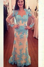 Lovely White and Blue Column/Sheath Beading Evening Dress Zipper Chiffon Long Sleeves With Train