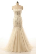 Designer Mermaid Champagne Sleeveless Brush Train Beading With Train Prom Gown