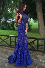 Hot Selling Mermaid Scoop Sleeveless Brush Train Backless With Train Beading and Lace Evening Dress