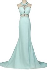 Mermaid Light Blue Halter Top Zipper Beading Brush Train Sleeveless