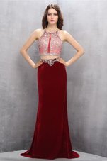 Burgundy Empire Scoop Sleeveless Chiffon Brush Train Criss Cross Beading and Appliques Prom Dresses
