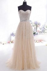 Champagne Empire Sweetheart Sleeveless Organza Sweep Train Zipper Beading and Belt Custom Made Pageant Dress