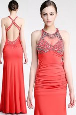 Scoop Watermelon Red Sleeveless Beading Floor Length Homecoming Dress