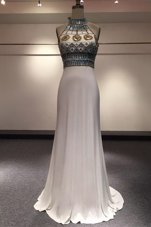 Cute High-neck Sleeveless Elastic Woven Satin Prom Dress Beading Brush Train Zipper
