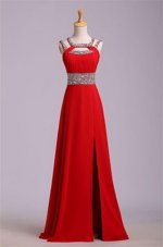 Simple Halter Top Sleeveless Zipper Floor Length Beading and Belt Dress for Prom