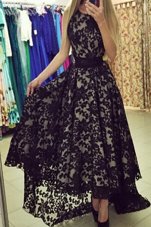 Scoop Black Zipper Prom Evening Gown Lace Sleeveless With Brush Train
