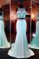 Classical Mermaid Aqua Blue Prom Evening Gown Prom and Party and For with Beading Scoop Sleeveless Brush Train Zipper