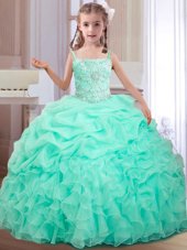 Artistic Straps Straps Organza Sleeveless Floor Length Kids Pageant Dress and Beading and Ruffles and Pick Ups