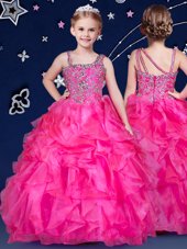 Spectacular Hot Pink Asymmetric Zipper Beading and Ruffles Flower Girl Dress Sleeveless