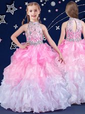 Fashion Halter Top White and Pink And White Sleeveless Beading and Ruffles Floor Length Little Girl Pageant Dress