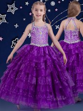Fantastic Halter Top Eggplant Purple Sleeveless Beading and Ruffled Layers Floor Length Juniors Party Dress