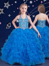 Elegant Halter Top Sleeveless Zipper Floor Length Beading and Ruffles Party Dress