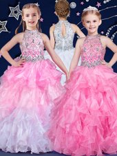 White and Pink And White Halter Top Neckline Beading and Ruffles Flower Girl Dresses for Less Sleeveless Zipper