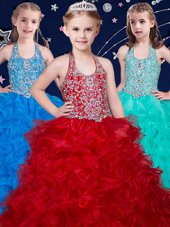 Delicate Halter Top Beading and Ruffles Pageant Gowns For Girls Wine Red and Baby Blue and Turquoise Zipper Sleeveless Floor Length