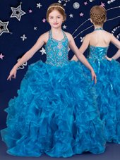 Flirting Halter Top Organza Sleeveless Floor Length Custom Made and Beading and Ruffles