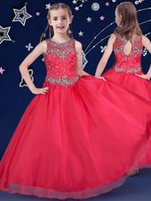 Floor Length Red Juniors Party Dress Scoop Sleeveless Zipper