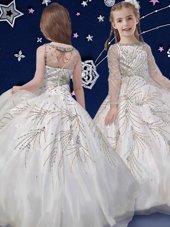 Sumptuous White Ball Gowns Organza Scoop Long Sleeves Beading Floor Length Zipper Custom Made