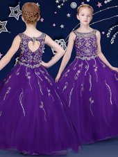 High End Purple Scoop Neckline Beading Flower Girl Dresses Sleeveless Lace Up