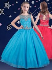 Scoop Baby Blue Sleeveless Beading Floor Length Party Dresses