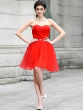 Coral Red Zipper Club Wear Beading Sleeveless Knee Length