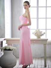 Baby Pink Lace Up One Shoulder Ruching and Hand Made Flower Prom Gown Chiffon Sleeveless