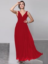 Top Selling Wine Red Chiffon Backless V-neck Sleeveless Floor Length Prom Evening Gown Beading