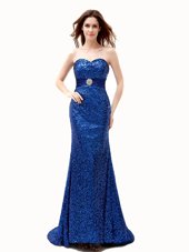 Stunning Mermaid Royal Blue Dress for Prom Prom and Party and For with Beading and Belt Sweetheart Sleeveless Brush Train Lace Up