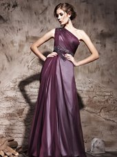 One Shoulder Beading and Ruching Prom Dresses Purple Side Zipper Sleeveless Floor Length