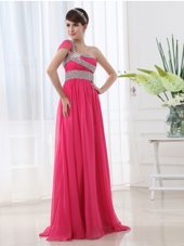 One Shoulder Cap Sleeves With Train Beading and Ruching Side Zipper Prom Dresses with Hot Pink Brush Train