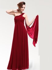 Elegant Wine Red One Shoulder Zipper Ruching Evening Dress Sleeveless