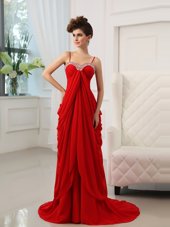 Modern Beading and Ruching Prom Dress Red Zipper Sleeveless With Brush Train