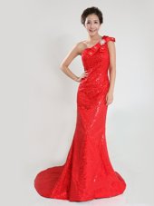Coral Red A-line One Shoulder Sleeveless Sequined Sweep Train Zipper Sequins and Bowknot Evening Dress
