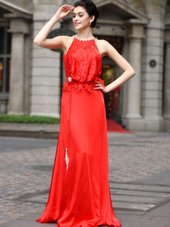 Delicate Halter Top Coral Red Chiffon Zipper Evening Dress Sleeveless Floor Length Beading