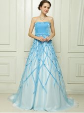 Baby Blue A-line Strapless Sleeveless Tulle Floor Length Zipper Appliques Prom Dresses