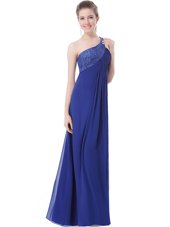 One Shoulder Floor Length Blue Evening Dress Chiffon Sleeveless Beading