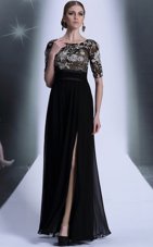 Scoop Black Half Sleeves Chiffon Zipper for Prom and Party