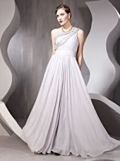 Eye-catching Silver Side Zipper One Shoulder Beading Prom Gown Chiffon Sleeveless