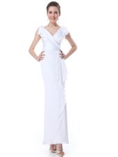 Shining White Zipper V-neck Ruffles Prom Gown Chiffon Cap Sleeves