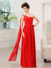 Cheap Red Chiffon Zipper One Shoulder Sleeveless Floor Length Prom Evening Gown Beading and Sashes|ribbons and Ruching