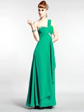 One Shoulder Green Zipper Prom Evening Gown Beading Sleeveless Floor Length