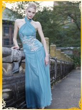 Light Blue Chiffon Zipper Halter Top Sleeveless Floor Length Prom Dress Appliques